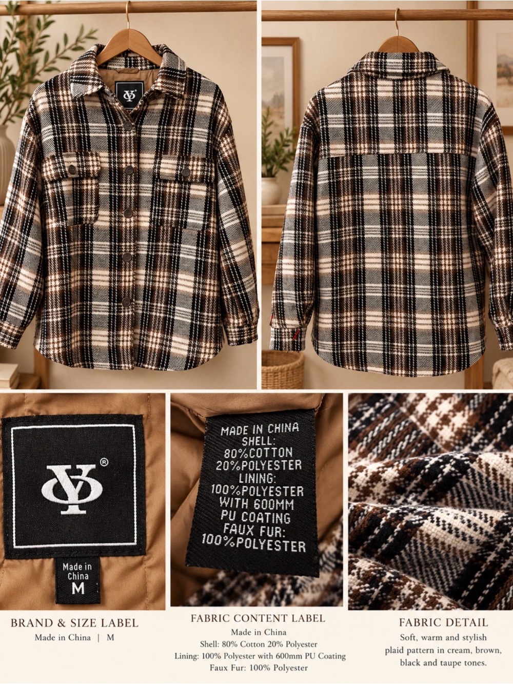 Plaid Button-Down Shirt Jacket in Cream, Brown & Black